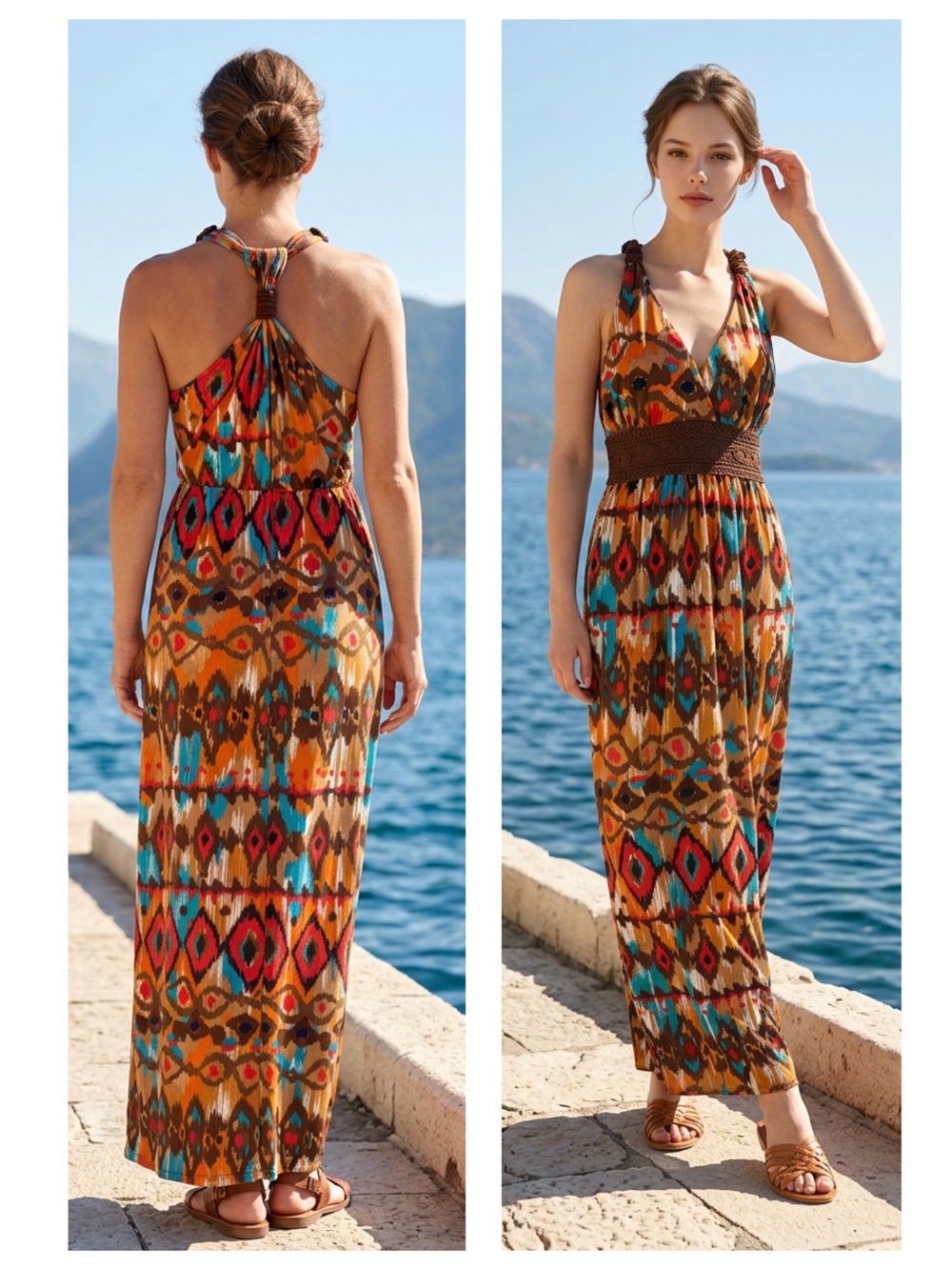 Women’s Sz M Boho Tribal Ikat Print halter Maxi Dress padded bra Crochet trim